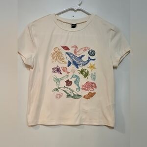 Cream Graphic Cropped Tee with Sea Life Design, NWOT